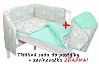 3-dílná sada mantinel s povlečením + zavinovačka zdarma - Srdíčka máta, máta