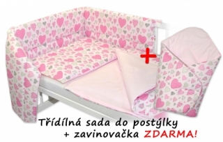 3-dílná sada mantinel s povlečením + zavinovačka zdarma - Srdíčka růžová, růžová